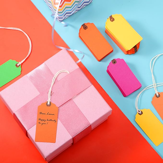 Outus 480 Pcs Manila Tags Rainbow Colors Gift Tags with String Attached Shipping Luggage Paper Tag Hanging Price Label for Christmas DIY Crafts Gift Holiday Party Favors