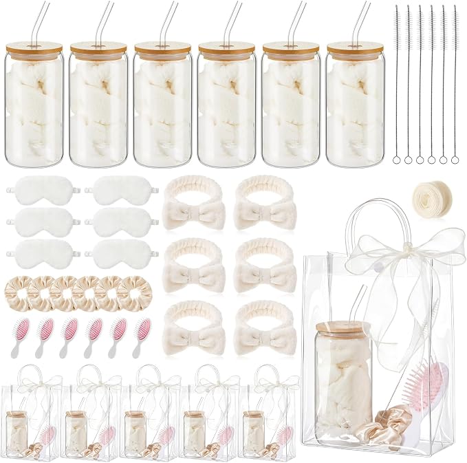 37 Pcs Spa Sleepover Party Supplies for Girls, 6 Set Spa Party Favors, Include Cups, Hairbands, Sleep Eye Mask, Headband, Brush, Tote Bags with Ribbon for Beige Sleepover Birthday Favors