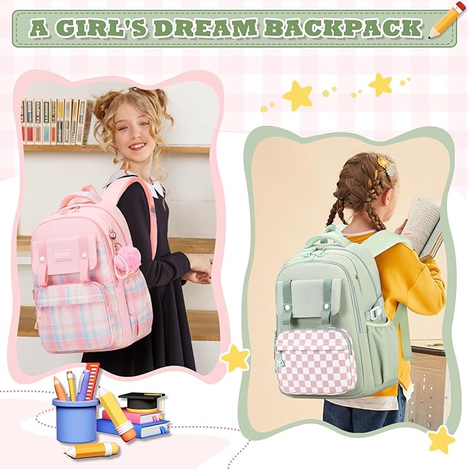 MUSEVOS Girls Backpack, Ideal School Backpack for Girls from Elementary to Teen Years, Kawaii Bookbag Cute Large Capacity, Checkered, Green