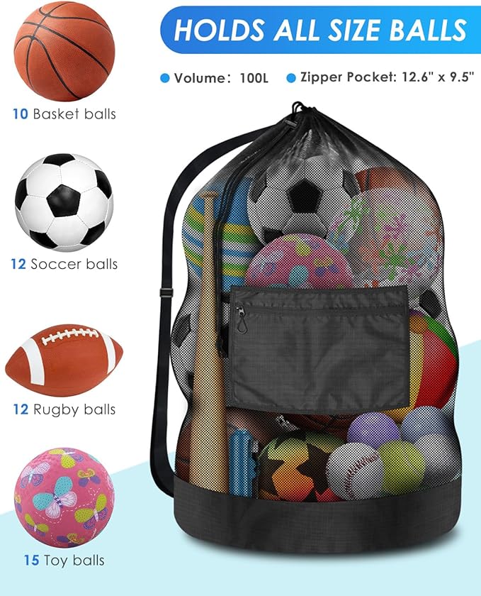 BROTOU Heavy Duty Soccer Ball Net Bag(100L Extra Large Capacity 10-12Balls), Drawstring Mesh Ball Bag with Zipper Pocket, Sports Equipment Storage Organizer Hold for Gym, Beach, Cloth, Swimming Gears