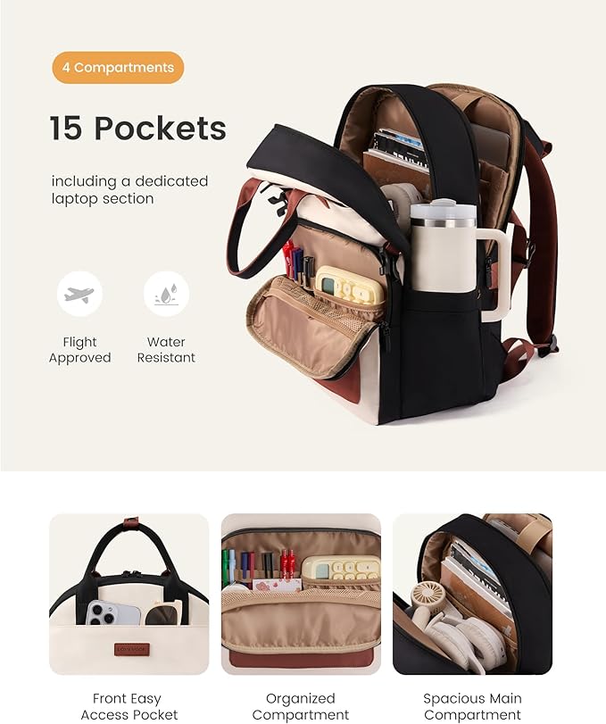 LOVEVOOK Laptop Backpack for Women - Stylish Work Backpack with Large Cup Holder, Waterproof College Teacher Backpack, Beige-Brown, 18Inch