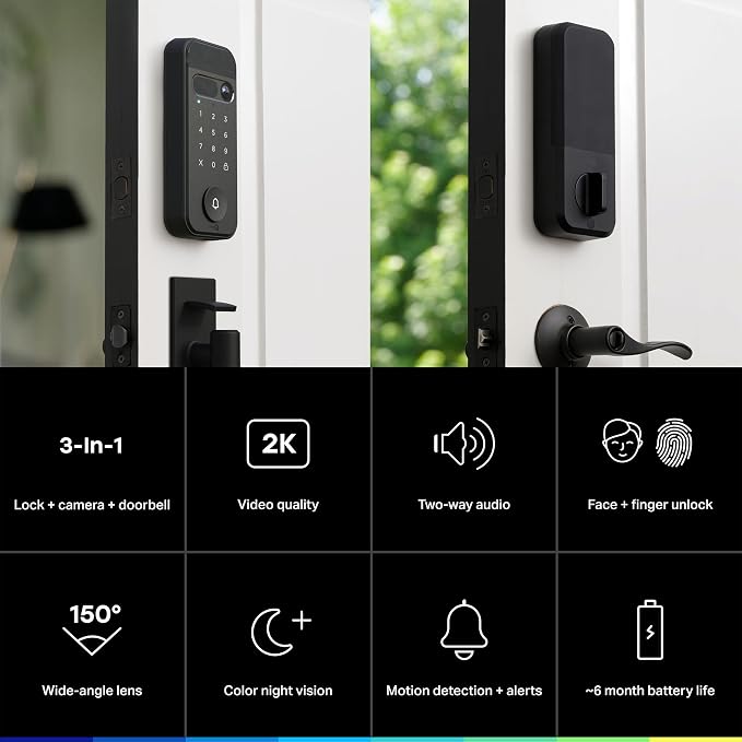 myQ Secure View™ 3-in-1 Smart Lock with 2K HDR Video Doorbell Camera, Face Access, Fingerprint Access, PIN & App Control — Intelligent Entry with Built-in Camera, Color Night Vision & Two-Way Audio