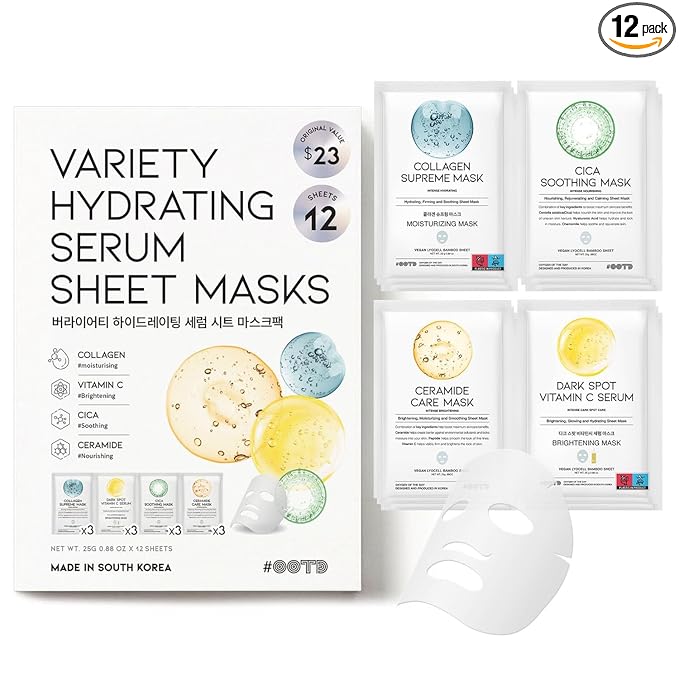 #OOTD Face Mask Korean Skincare for Dry Sensitive Skin | Hydrating, Revitalizing, Calming, Collagen, Ceramide, Cica, Vitamin C Serum Sheet Masks (12EA)