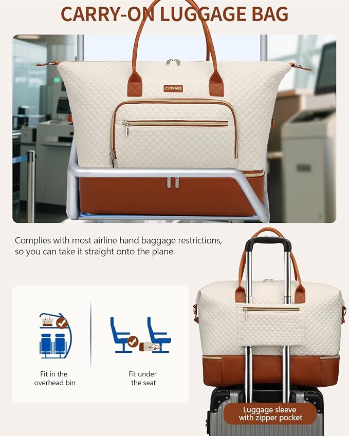 Large Weekender Bags for Women Travel, Under Seat Carry On Bags for Airplanes Overnight Bag with Shoe Compartment Luggage Sleeve, Foldie Travel Tote Bag Hospital Bag, Travel Gifts, Beige Brown