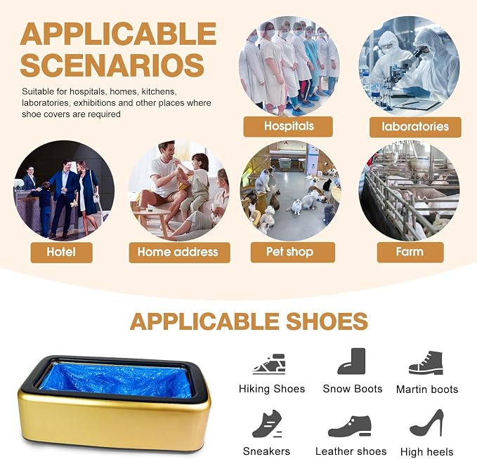 Shoe Cover Dispenser Containing 200pcs Shoe Covers Disposable Non Slip High Quality Automatic Shoe Cover Machine with Disposable Shoe Covers for Indoors for Most Occasion Shoes Size(Gold-black, L)