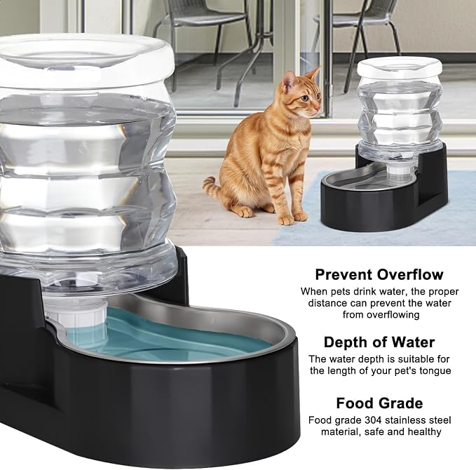 RIZZARI 4L Pet Water Dispenser with Stainless Steel Bowl for Cats | No Filter Required,Leak-Resistant Design,Easy to Refill,Easy to Clean,Stable Anti-Tip Base,Food-Grade Materials