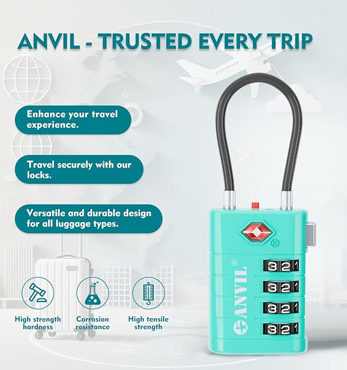 ANVIL TSA Approved Luggage Locks with Search Alert Indicator, 4-Digit Combination Suitcase Lock, Advanced TSA008 Core Heavy Duty Anti-Theft Travel Lock for Double Zippers, Backpacks