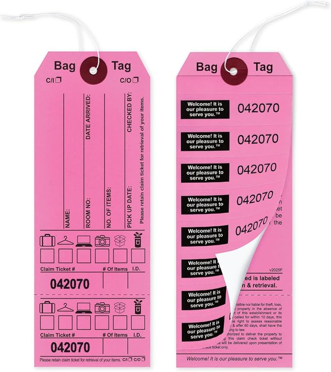 Pink Bag Claim Check Tags with Elastic string, Printed in Black ink with 8 labels & Matching Numbers For multiple bags. Hotel Bag Tags for Organizing Luggage. Size: 6 3/4" (H) x 2 1/2" (W). 1000 Tags.
