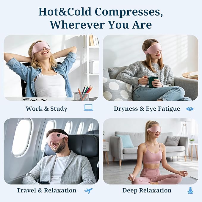 100% Silk Wireless Heated Eye Mask with Cooling, Relieves Dry Eye Syndrome and Puffy, Reduces Dark Circles, Adjustable Velcro Design and Washable Cover, Suitable for Travel & Gifts-Pink.