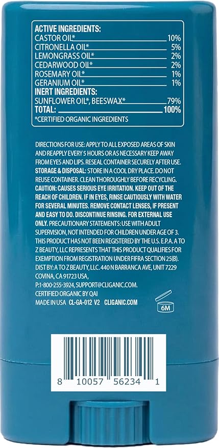 Cliganic Mosquito Repellent Stick for Adults & Kids - 5 Hours of Natural, DEET-Free Protection, Non-GMO Verified, with Organically Grown Ingredients & Essential Oils, Easy to Use Travel Stick