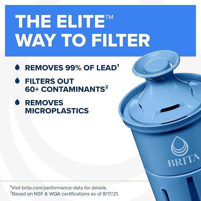 Brita Large 10-Cup Elite Water Filter Pitcher, WQA NSF/ANSI Certified, Reduces 99% of Lead, Microplastics, & 30 Contaminants, BPA-Free, Removes Chlorine Taste & Odor, 1 Elite Filter, Blue