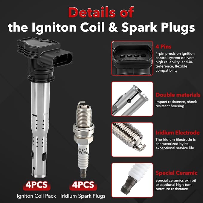 UF575 Ignition Coil Packs and Iridium Spark Plugs Compatible with Audi A3 A4 A5 A6 Q3 Q5 RS5 TT Allroad/Volkswagen Beetle CC EOS GTI Jetta Passat