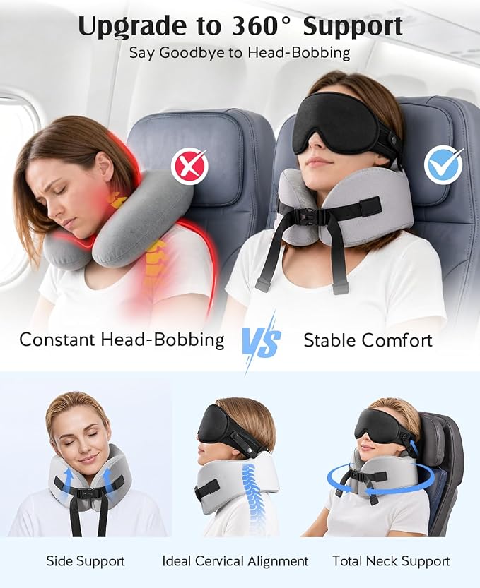 YFONG Travel Pillow for Long Flights, Patented 360° Ergonomic Sleeper Hold Head Support System with Memory Foam Neck Pillow & 3D Sleep Mask, Prevent Head Bobbing for Airplane & Road Trip, Grey