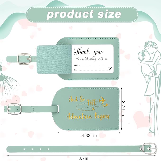 Sweetude 48 Sets Bulk Luggage Tags Wedding Favors and So The Adventure Begins Leather Luggage Tags for Suitcases with Name Card for Travel Themed Bridal Shower Graduation Party Favor(Light Green)