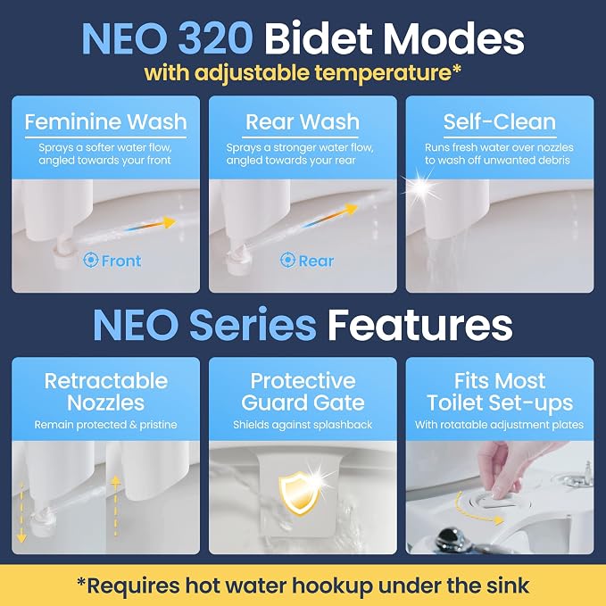 LUXE Bidet NEO 320 - Warm Water, Dual Nozzle, Self-Cleaning, Non-Electric Bidet Attachment for Toilet Seat, Adjustable Water Pressure, Rear & Feminine Wash (Gold)