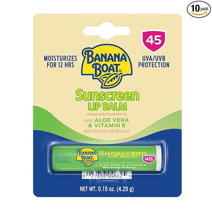 Banana Boat SPF Lip Balm with Aloe Vera & Vitamin E,0.15oz | Beach Essentials,Moisturizing Lip Sunscreen SPF 45,Travel Sunscreen for Lips,0.15oz,(Pack of 10)