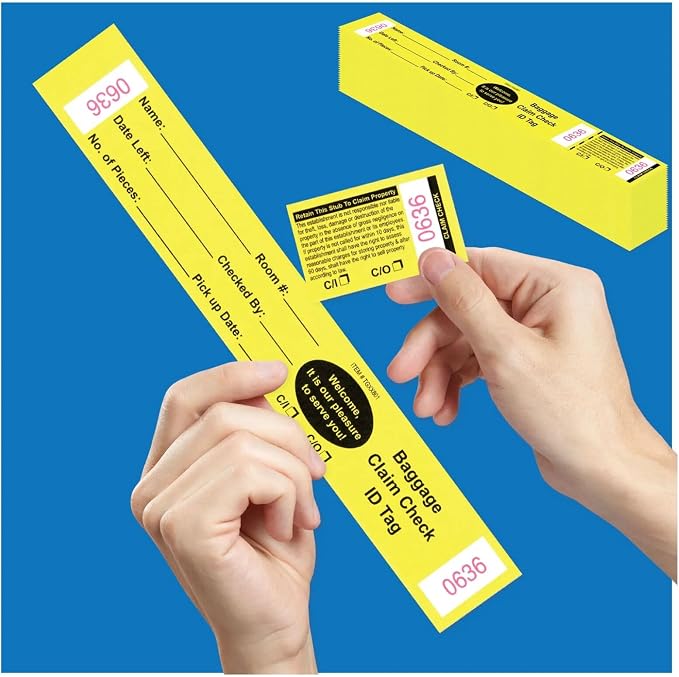 1000 Baggage Claim Check Tags Made from Yellow Card Stock, with Transfer Tape on Back, Printed in Black with Red Consecutive Numbering. Bag Identification Tag Size: 10 1/2" x 1 1/4"