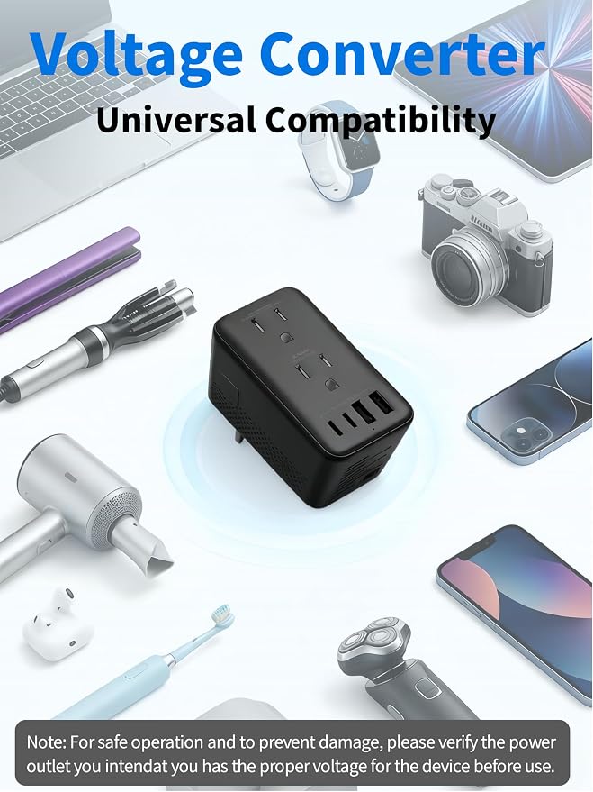 Travel Adapter Voltage Converter US to Europe Power Adapter Step Down Transformer 220V to 110V with 2 USB A 2 USB C & UK/AU/US/EU/﻿South Africa for Hair Dryer (Black)