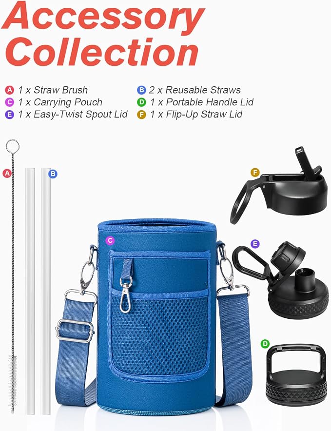 Water Bottle Insulated 64 oz with Straw & 3 Lids, Coolflask Half Gallon Water Jug Large Metal Stainless Steel Wide Mouth for Sports, Gym or Office, Non-BPA Keep Cold 48H Hot 24H, King's Blue