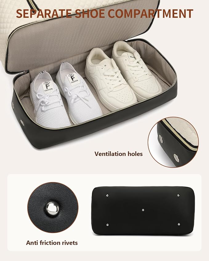 Weekender Bags for Women Travel, Under Seat Carry On Bags for Airplanes Overnight Bag with Shoe Compartment Luggage Sleeve, Foldie Travel Tote Bag Hospital Bag, Travel Gifts, White Black