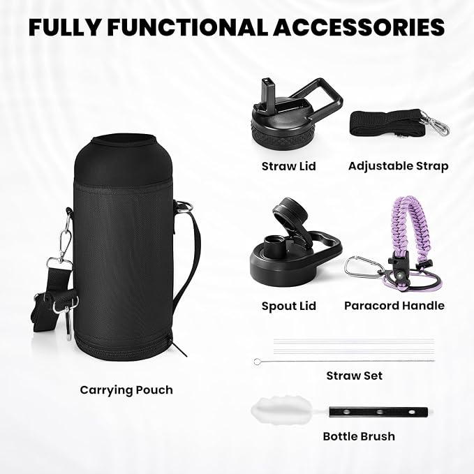 RAYMYLO Insulated Water Bottle 32 oz, Triple Wall Vacuum Stainless Steel (Cold for 24Hrs, Hot for 12Hrs), Leak Proof & Non-BPA, Modern Water Flask Jug with Paracord Handle & Straw Spout Lids