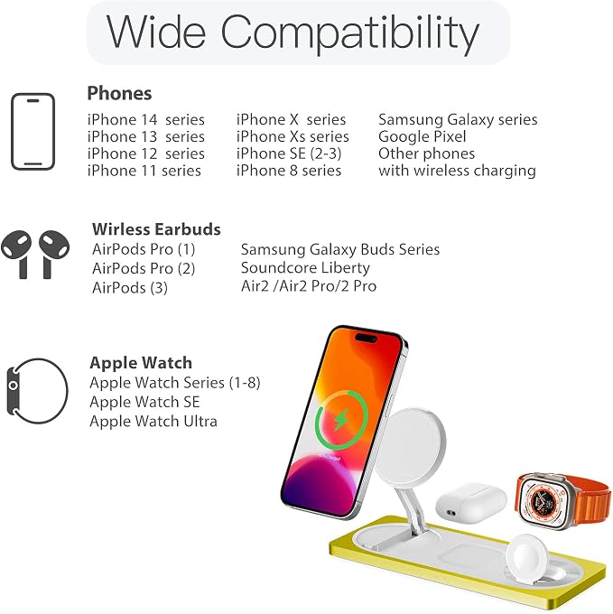 PETINO 3 in 1 Wireless Charging Station for Apple Devices with MagSafe | For iPhone 17/Air/16/15/14/13/12, AirPods & Apple Watch, Foldable Portable Aluminum Charging Stand, Adapter Included