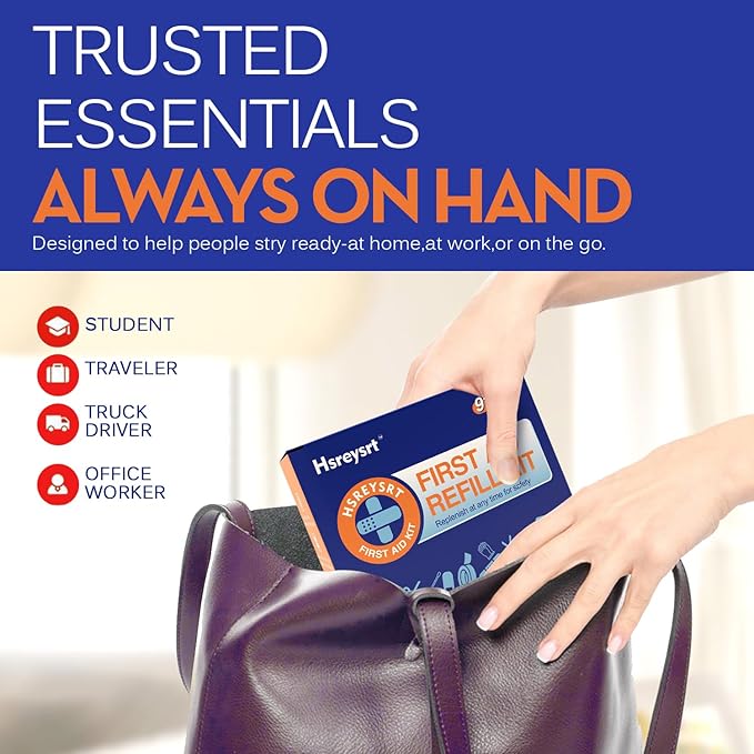 First Aid Refill Kit for Home, Car & Travel, Wound Care Supplies with Scissors, Tweezers, Assorted Bandages & Adhesive Bandages