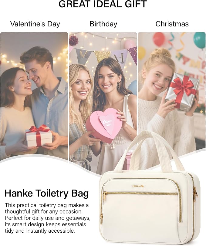 Hanke Hanging Travel Toiletry Bag for Women, Water-Resistant Makeup Organizer with Hook, Cosmetic Bag for Bathroom & Travel Essentials Accessories, Off White