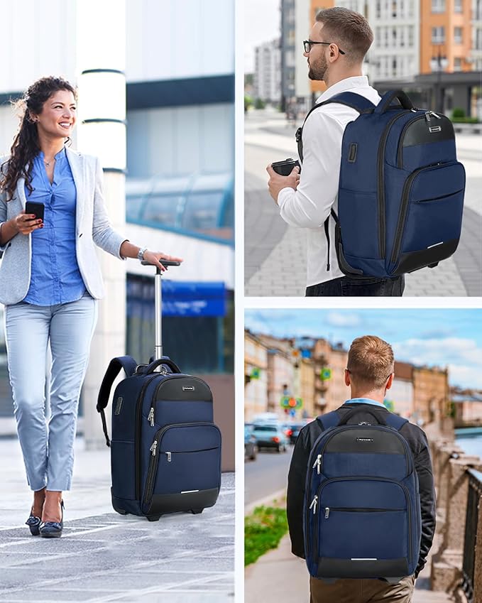 Ponhog Rolling Backpack, 30L Travel Laptop Backpack with Wheels, 15.6 Inch Personal Item Roller Luggage with USB Charging Port Flight Approved for Men Women Adults, Blue