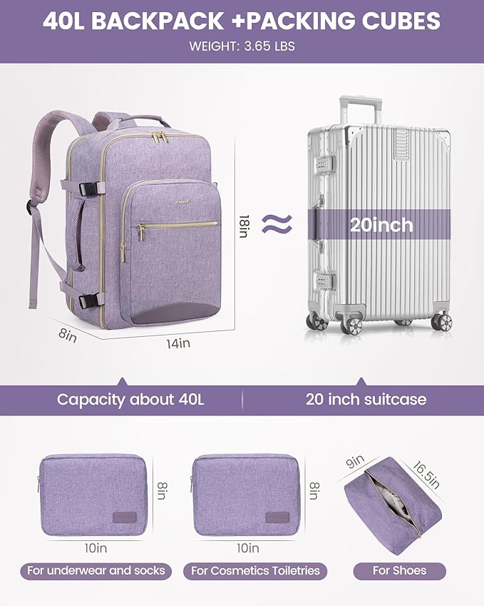 LOVEVOOK 40L Travel Backpack Flight Approved Carry on Backpack,3 Packing Cubes,Waterproof Personal Item Travel Bag,TSA Carry on Luggage Suitcase Travel Essentials,Gifts for Women & Men,fits 17" Laptop