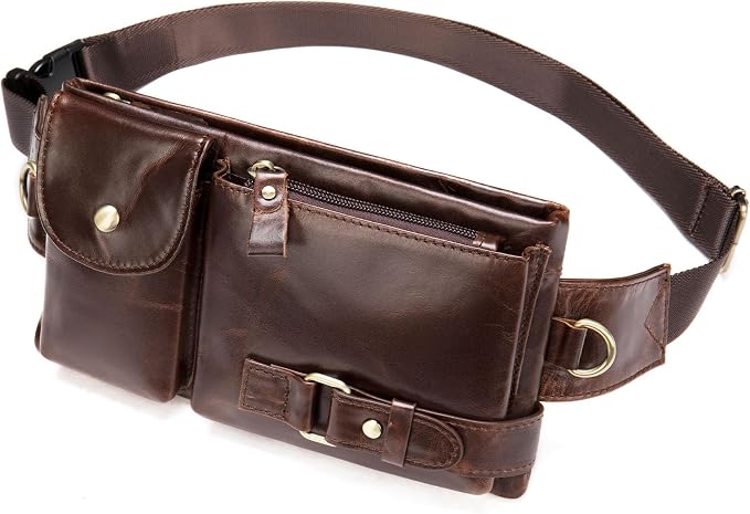 NIUCUNZH Cowhide Waist Fanny Pack-Genuine Leather and Slim with Adjustable Waistband Oil Coffee