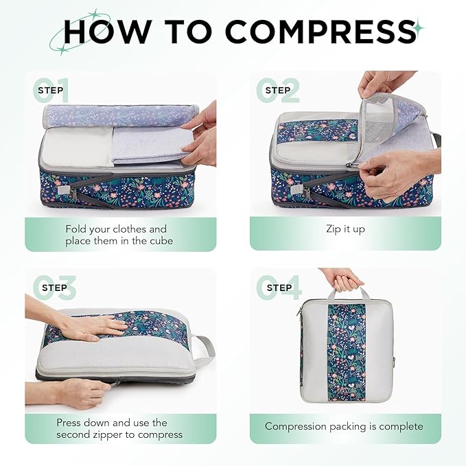 10 Set Compression Packing Cubes for Travel Essentials,Compressible Expandable Packing Cubes for Suitcase,OlarHike Luggage Garment Bags for Travel,Handy Helper for Organizing Clothes(Dark Blue Floral)