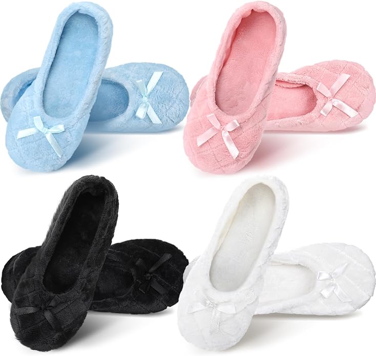 Geyoga 4 Pairs Women's Slippers Ballerina Ballet with Satin Bow Tie Non Slip Slippers Ballet House Socks for Wedding Housewarming