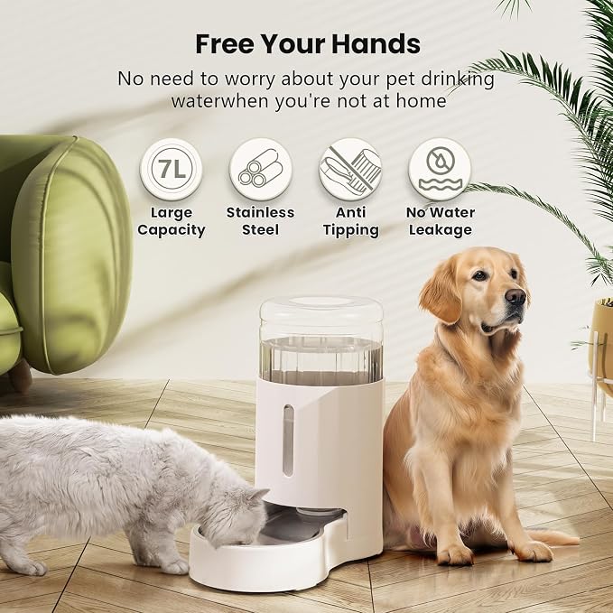 CZPET Dog Water Bowl Dispenser 7L, Wider Mouth & Upgraded Brush for Easy Cleaning Automatic Cat Gravity Refilling Waterer with Removable Stainless Steel Bowl, Large Drinking Area for Multi-Pet (White)