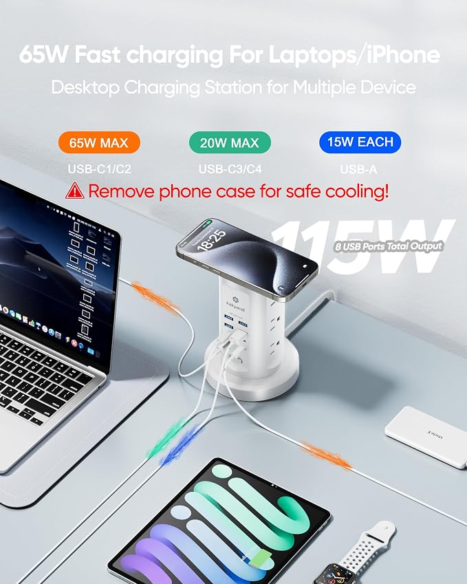 Kakyanill 115W USB Charging Station, Power Strip Tower, 9 AC Outlets with 8 USB Ports(4 USB-C), 6Ft Flat Plug Retractable Extension Cord, for Home Office Dorm, White