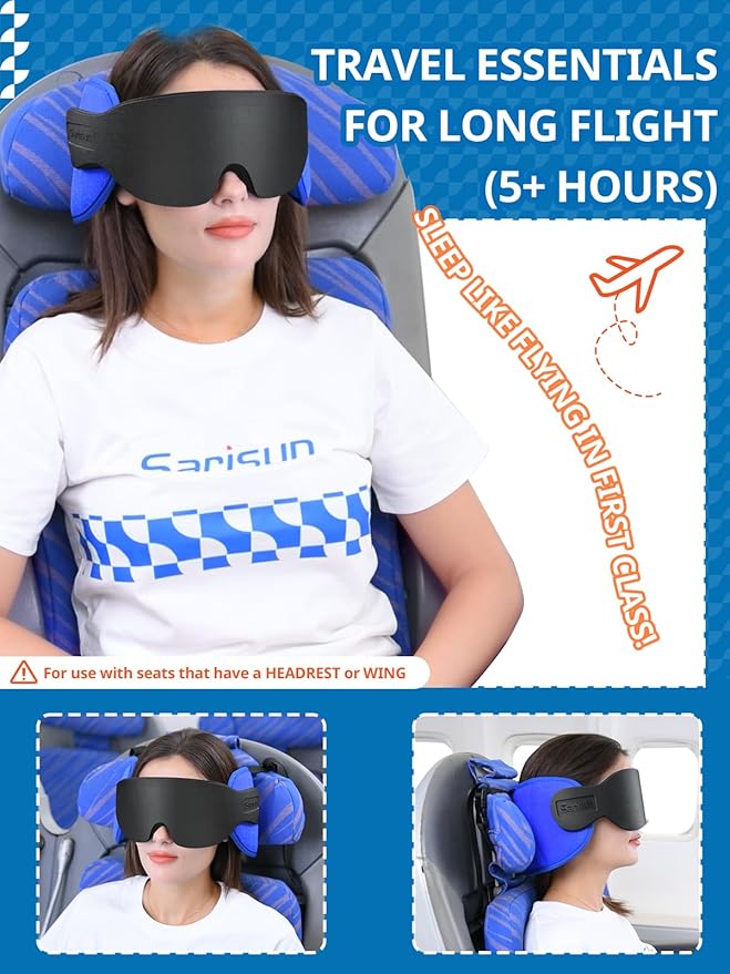 SARISUN Travel Pillows for Airplanes, Airplane Pillow for Long Flight Car Road Trip, Airplane Head Strap with Sleep Eye Mask, 360° Support Headrest, Stop Bobblehead Travel Neck Pillow, Mottled Red