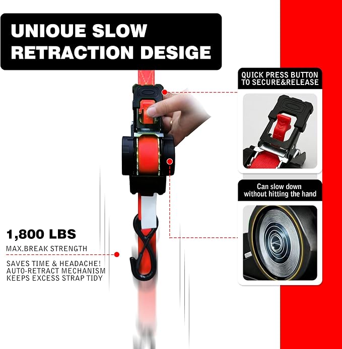 Retractable Ratchet Straps 1" x 13Ft, Heavy Duty Self Retracting Tie Down Straps, 1800lb Break Strength Auto Retract Cargo Straps for Truck, Trailer, Motorcycle, ATV, UTV, (Red, 4 Pack)