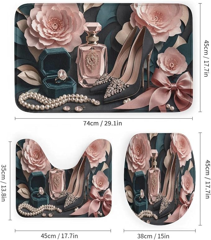 Floral Perfume Jewelry Heels Bathroom Rug Set 4 Piece with Shower Curtain Non Slip Bath Mat Set Microfiber Bathroom Decor Toilet Lid Cover U Shape Rug Waterproof Bathroom Accessories