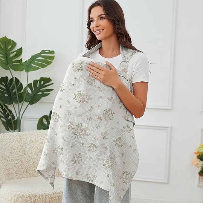 Muslin Nursing Cover for Baby Breastfeeding, Breathable 100% Cotton Breastfeeding Cover with Rigid Hoop for Mother Nursing Apron (Floral Love)