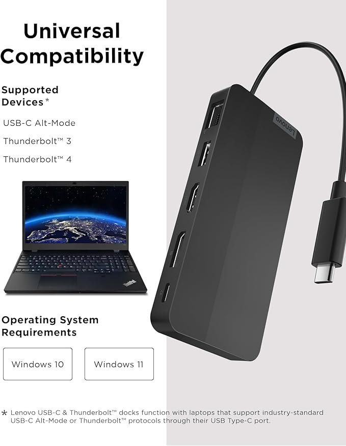 Lenovo USB-C Dual Display Travel Dock - 7 Ports, Integrated Cable, Universal Compatibility, Two displays at 4K - Black