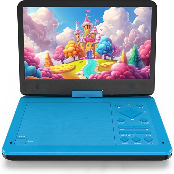 12.5-inch Portable DVD Player with 10.5-inch HD Screen, Portable Design for on-the-go Viewing.Supports 5 Hours of Battery Life.CD/DVD/SD Card/USB Compatible,Region Free (Blue)