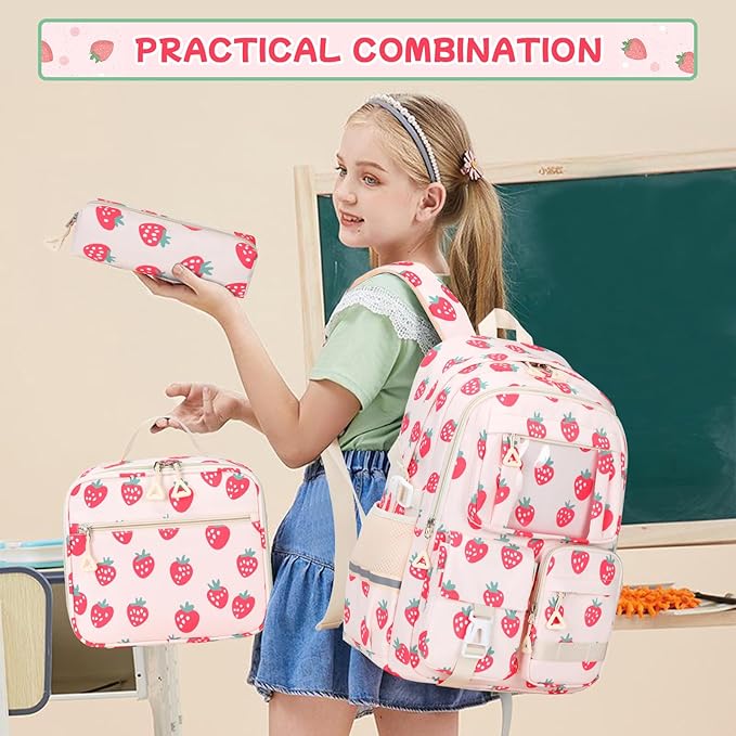 PIG PIG GIRL Backpack for Girls 3pcs Set Kids Backpack with Lunch Box Students Kawaii Book Bag for Elementary Primary Middle School Bags - Ita Backpack - Strawberry
