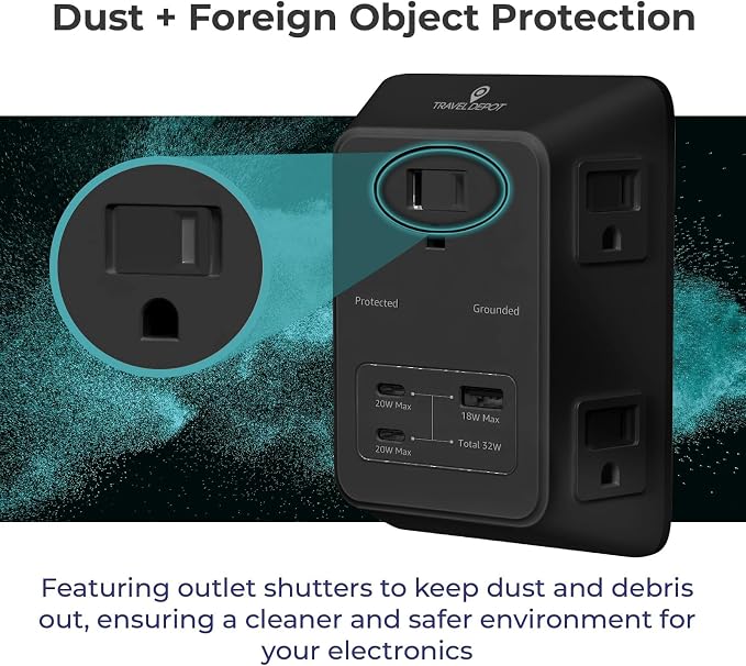 Travel Depot PD USB Wall Charger Surge Protector, 5 Outlet Extender 2 USB C & 1 USBA Charging Ports, Fast Charge 3 Sided Power Strip Multi Plug Outlets Wall Adapter for Home Office, ETL Listed (Black)