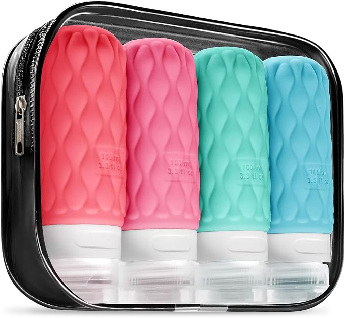 100 ml Silicone Travel Bottles for Toiletries with Labels/Clear Bag, Holiday Travel Essentials Leakproof Refillable Squeeze Travel Size Containers Set for Shampoo and Conditioner