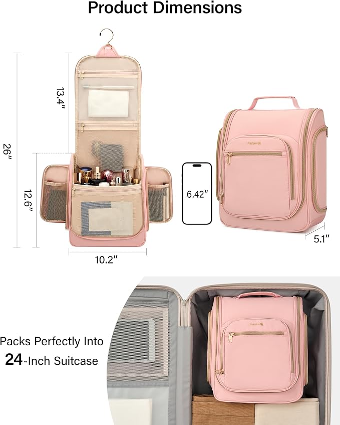 Hanke Hanging Travel Toiletry Bag for Men and Women, Water-Resistant Toiletries Bag Makeup Organizer with Hook, Cosmetic Bag for Bathroom & Travel Essentials Accessories, Pink