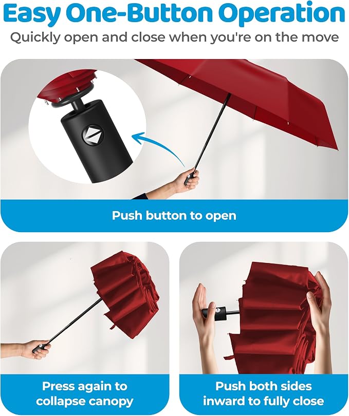 Rain-Mate Windproof Compact Umbrellas for Rain - Strong Reinforced Fiberglass Rib Design & Auto Open & Close - Portable Folding Travel Umbrella - Lightweight & Packable for Women & Men, Easy Collapse