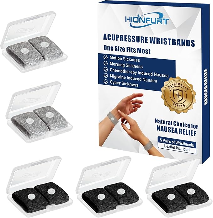 Hionfurt Motion Sickness Bands Anti Nausea Wristband for Adult and Kids Morning Sickness Relief for Pregnant Women Acupressure Nausea Relief for Car, Sea, Air Sickness - 2 Pairs Gray + 3 Pairs Black
