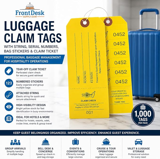 Front Desk Supply Hotel Luggage Claim Tags with Numbered Stickers & Tear-Off Claim Ticket – High-Visibility Baggage Management Tags for Hotels, Group Travel, Valet & Guest Storage – 1,000 Pack