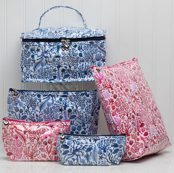 Jacaranda Living Small Cosmetic Bag - Water-Resistant, PVC-Lined, Compact & Travel Ready Make Up Bag, Easy to Clean - Blue Seashells
