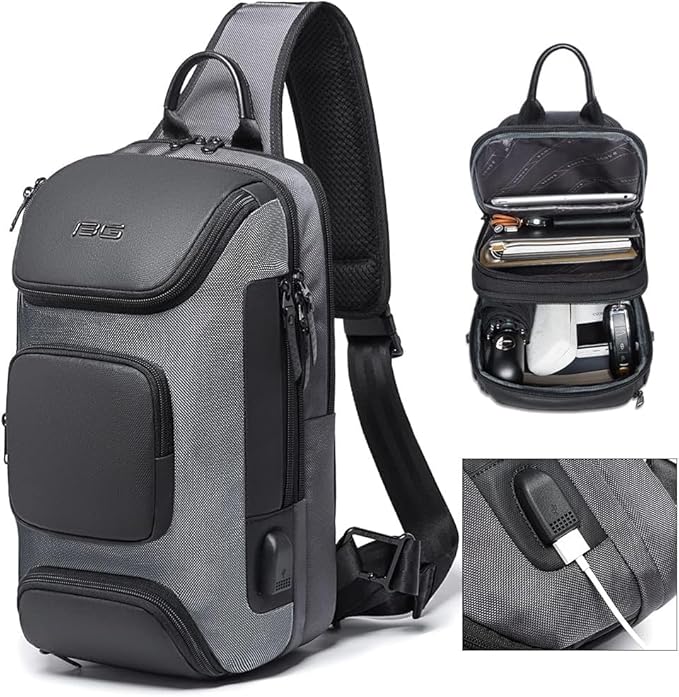 BANGE USB Charging Sling Bag, Waterproof Crossbody Backpack, Portable Shoulder Bag Daypack for Men Women Travel Hiking Work